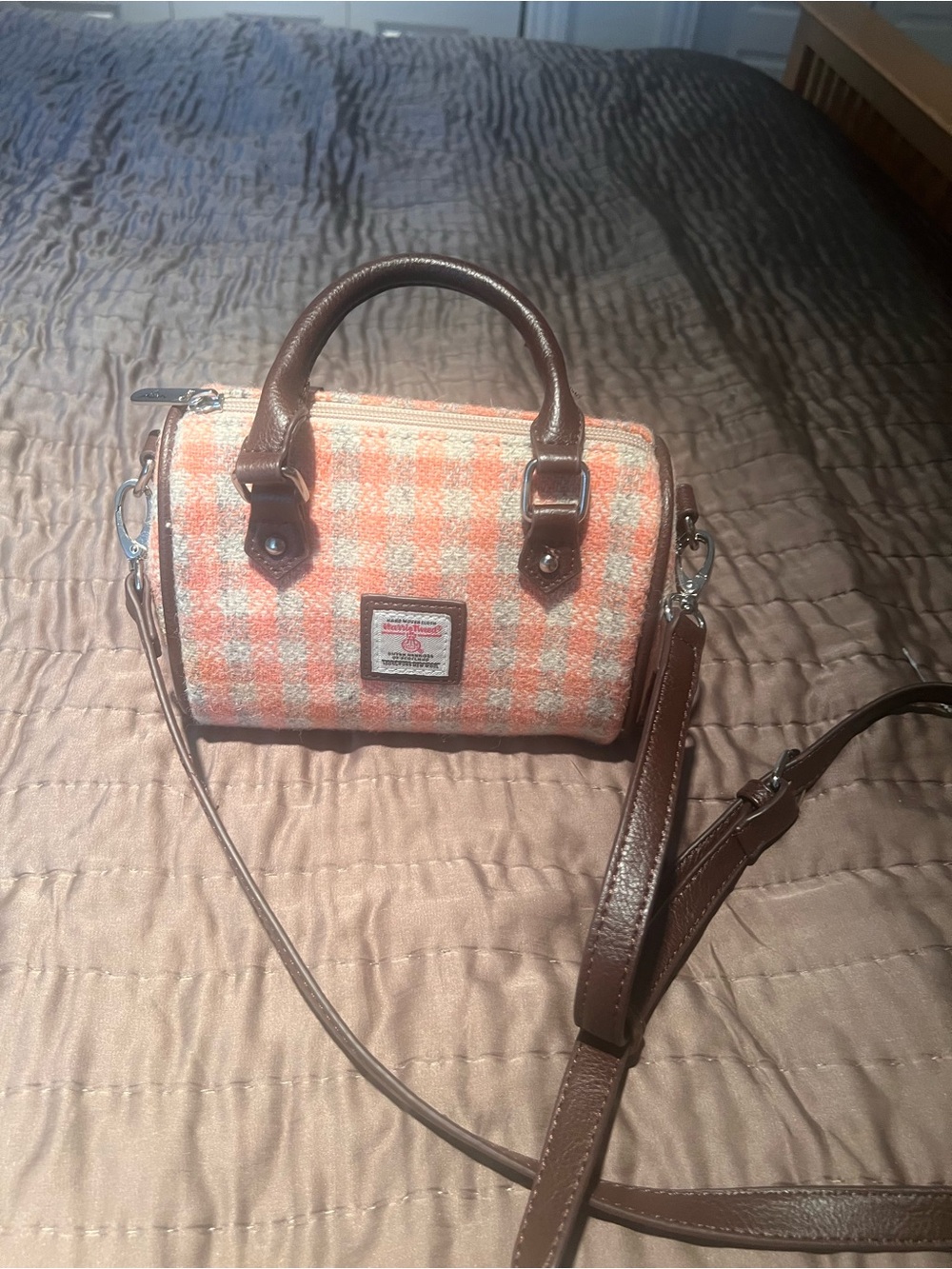 Plaid Orange and Cream Mini Satchel with Brown Trim